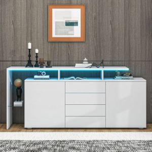 Buffet Commode LED Blanc Brillant Armoire Salon Multifonction Vitrine Éclairée Design Moderne Rangement Élégant