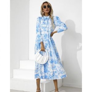 Robe Femme Longue Col rond Manches longues Bicolore Imprimé - Bleu