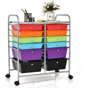 GOPLUS Chariot de Rangement 12 Tiroirs 64 x 38 x 75 CM Tour de Rangement à roulettes Cadre en Acier pour Chambre Coloré A