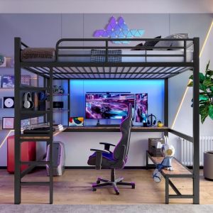 Lit mezzanine adulte 140x200 cm Lit enfant en fer avec bureau étagères bande LED ports USB barrière et sommier à lattes