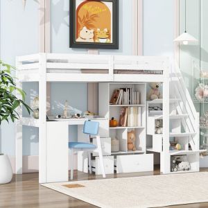 Lit mezzanine 90x200 cm - avec bureau - avec 4 tiroirs - rangements ouverts - échelle escamotable - blanc (matelas non inclus)