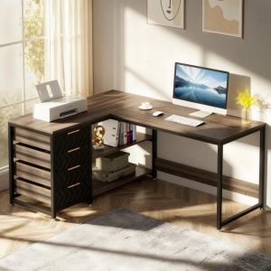 Bureau dangle en Forme de L-Etag&egrave;res de rangement-Support D&eacute;cran-Grand plateau-bureau gaming angle-150 x 120 x 75cmGris