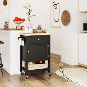 Desserte de cuisine &agrave; roulettes chariot de service plan de travail en bois dh&eacute;v&eacute;a tiroir 635 x 40 x 90 cm noir