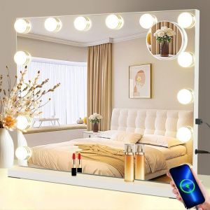 Nettlife Miroir Hollywood avec &eacute;clairage &ndash; Miroir de coiffeuse avec 14 LED et connexion USB &ndash; Grand miroir Hollywood 50 x 40 cm