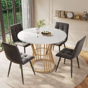 Table a Manger Ronde 4 Personnes Table Ronde 100 cm avec Pieds Métalliques Table Blanche Surface en Marbre Moderne 100×100×75cm