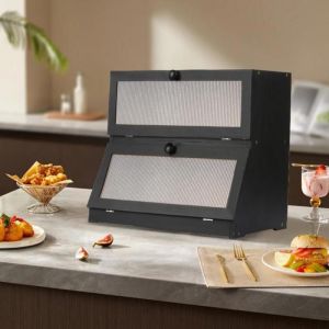 MIPAN. Bo&icirc;te &agrave; Pain Bambou 2- Couche Countertop Bo&icirc;te en Bois -  Pour Cuisine  Huche  Pour le stockage du pain -  Noir