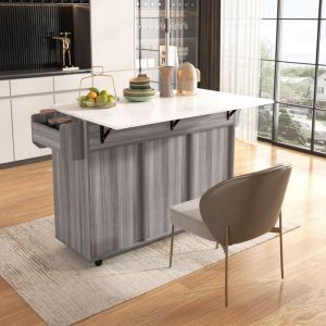Desserte de cuisine roulante tablette rabattable grand rangement plateau effet marbre MDF gris 139x46x91.5 cm