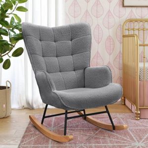 Fauteuil à Bascule Rocking Chair Scandinave Pieds en Bois Tissu Gris Chaise Jusqua 150 kg Pour SalonChambreSalle à Manger