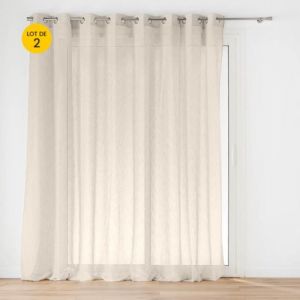 Lot de 2 Voilage &agrave; &oelig;illets grande largeur 300 x 240 cm voile tiss&eacute; Carlin Beige