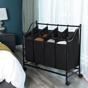 SONGMICS Panier &agrave; linge sur 4 roulettes - Corbeille &agrave; linge avec 4 Sacs amovibles de 35L - Noir LSF005