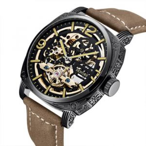 Montre homme - Classique - M&eacute;canique automatique - Cadran squelette - &Eacute;tanche - Bracelet cuir marron