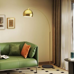 Lampadaire lampe de salon arc r&eacute;glable pied marbre style vintage 40W E27 dim. 100-115L x 30l x 170-180H cm dor&eacute;