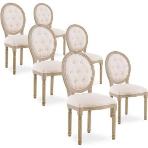 Lot de 6 chaises m&eacute;daillon capitonn&eacute;es Louis XVI tissu Beige
