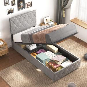 MODFU Lit coffre 90 x 190 cm lit rembourré lit adulte avec sommier à lattes grand espace de rangement en velours gris clair