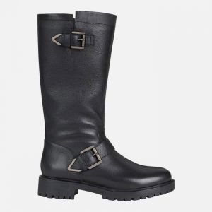 Bottines Femme Geox D HOARA - Style Motard - Cuir Foulonné et Lisse - Noir - Respirantes et Confortables