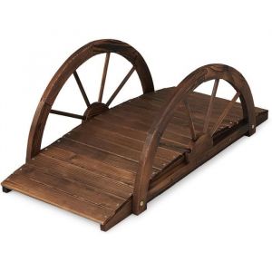 GOPLUS Pont de Jardin en Bois de Sapin Carbonis&eacute; 100CMD&eacute;coration Pont en Arc avec Cl&ocirc;ture de S&eacute;curit&eacute; en Forme de RoueTeint&eacute;e