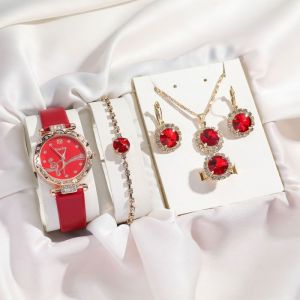 SHARPHY Coffret montre femme + colliers + boucles doreilles + anneaux + bracelets - diamants bracelet en cuir rouge &eacute;l&eacute;gant bijoux