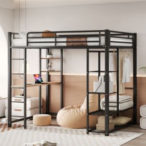Lit Mezzanine 140x200 avec Bureau Lit Mezzanine 2 Places Adulte avec EscalierÉtagères SuspenduesRangementArmoire OuverteNoir