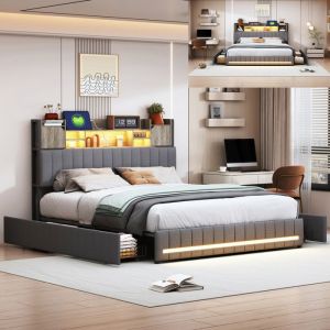 Lit 140x190 cm avec 4 tiroirs et LED lit adulte 140x190 cm avec sommier à lattes lit double 140x190 cm lit ado tissu en lin gris