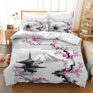 Parure de lit au Motif Fleurs Cerisier 3 PiècesHousse de Couette Japonais MicrofibreFermeture Éclair 2 Taies doreiller 220x240cm