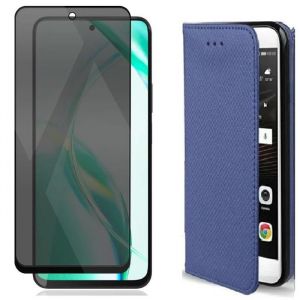 Coque pour Honor 200 Smart / Honor X7C Bleu + Verre trempé Anti Espion - Etui Housse Portefeuille Vitre Protection Ecran