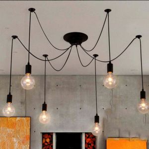 6 T&ecirc;te Lustre Suspension Vintage R&eacute;tro LOFT Plafonnier Araignee DIY Pendentif Luminaire Noir Ajustable Longueur avec 15M Fil