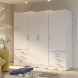 Armoire 4 portes battantes + 6 tiroirs - Bois aggloméré - Blanc mat - L 2065 x P 60 x H 200 cm - JUPITER