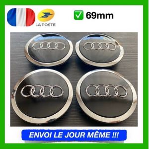 MOYEU DE ROUE 4 Centres de Roue Noir avec anneau chromé 69mm emblème Audi cache moyeu LBQ18