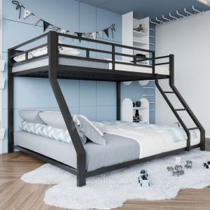 Lit superposé enfant 2/3 palces 90/140 x200cm Lit adulte Lit double en métal avec Escaliers Balustrades et Sommier à lattes - noir