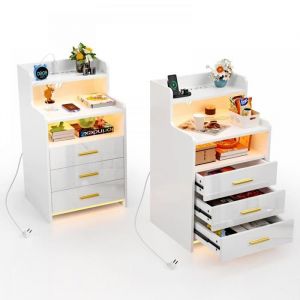 2X Table de Chevet Brillant VIVOLILVTable de nuit LED avec PriseChevet Blanc avec 3 tiroirsPour Salon Chambre40x45x76 cm