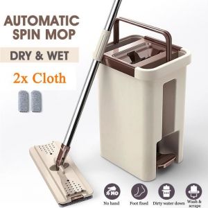 NEUFU Balai &agrave; t&ecirc;te pivotante 360&deg; + Seau &agrave; double compartiment + 2 Serpill&egrave;res Kaki