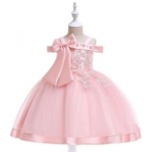 Robe Demoiselle Enfant Fille Loose Pétales Noeud Papillon au Dos Fleur Robe Cérémonie 5-14 Ans - Rose