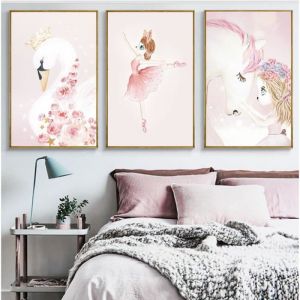 3x affiches enfants Peinture Dessin&eacute;e D&eacute;corations Murales B&eacute;b&eacute; Enfant PosterCygne Licorne F&eacute;e 30*40CM(sans cadre)