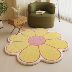 Tapis Fleurs Doux Moelleux pour Chambre denfant - Jaune - Rond - Vintage - Diamètre 60cm