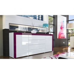 Buffet design laqué blanc/blanc/violet - Meuble de séjour - Contemporain - 2 portes - 4 tiroirs