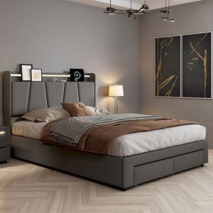 Lit coffre 140x190 cm Lit adulte avec LED et USB Lit 140x190 cm 2 Tiroirs Espace de rangement Lit 2 personne Tissu lin Gris