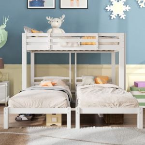 Lits superpos&eacute;s enfant 3 places 90x200cm Lit triple avec sommier lattes Lit mezzanine aver escaliers lit adoBois massif blanc