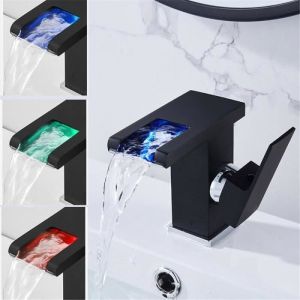 Robinet de Lavabo noir Cascade LED -robinet salle de bain -Robinet mitigeur lavabo bas chromé noir-robinet vintage
