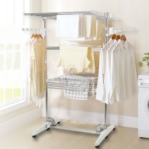 Séchoir à linge inox étendoir pliable sur roulettes 3 étagères avec ailes Pied pliable