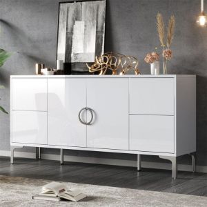 Bahut de Salle &agrave; Manger Blanc Laqu&eacute; 150 cm Pieds M&eacute;tal Push-to-Open Tiroirs et Portes Buffet Bas pour Salon ou S&eacute;jour Moderne