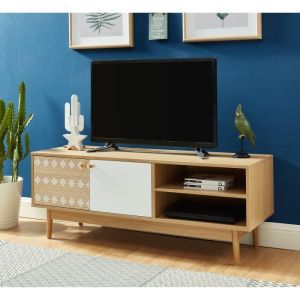 Meuble TV - BAÏTA - Gamme LEIKA - Effet chêne et blanc - L 120 x P 395 x H 455 cm