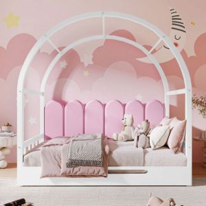 Lit à baldaquin extensible enfant-design unique-bois blanc + rosesans matelas(140x100cm&140x200cm)-HAUSS SPOLE