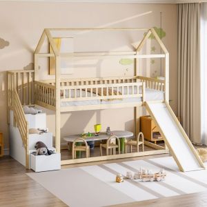 KoDise Lit superpos&eacute; enfant 90x200 cm Lit ado avec &eacute;chelle de rangement et toboggan - naturel - sans matelas