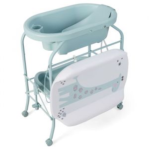 GOPLUS Table à Langer Bébé 0-12 Mois avec Baignoire 20L-Roulant et Pliable avec Espace de Rangement-Charge 35KG.Bleu