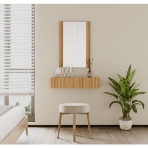 Coiffeuse cannelé avec Miroir et Tiroir  Coiffeuse Suspendu pour Chambre à coucher  Finition en couleur Chêne Alba  Modèle Velia