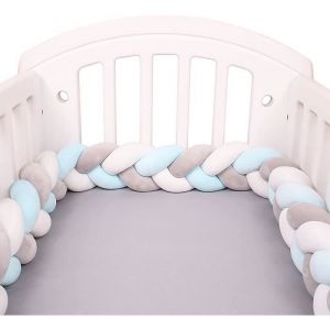 Tour De Lit Tresse - Douce Tour de lit bebe 2M avec Cordon dattache idéal pour la Sécurité de votre Bébé(gris bleu blanc)
