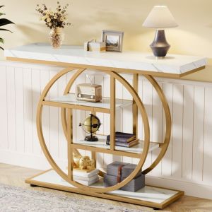 Table ConsoleLittle Tree105&times;30&times;80 cmTable d&lsquo;entr&eacute;e &agrave; 4 Niveaux avec Base CirculairePour SalonCouloirBlanc et Dor&eacute;