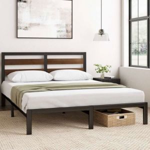 Zinus Kai Lit 140x190 cm - Cadre en bambou et métal avec tête de lit lattes robustes montage facile 35cm de hauteur Noir/Marron