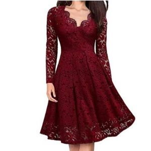 Robe de Soirée Femme - NYSTORE - Dentelle Florale - Manches Longues - Rouge