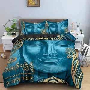 Parure de lit - MOUTON MAISON DECO - Bouddha Mandala - Bleu Or - Microfibre - 220x240 cm